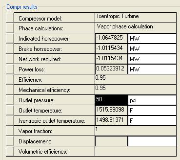 135 Now calculating the work done by the turbine: = (0.95 37.4220 1271.95) (1- (0.5 ((1.2856-1)/1.2856)) ) = 6453.88 kj/kmol Molar flow rate of the syngas in the turbine = 594.