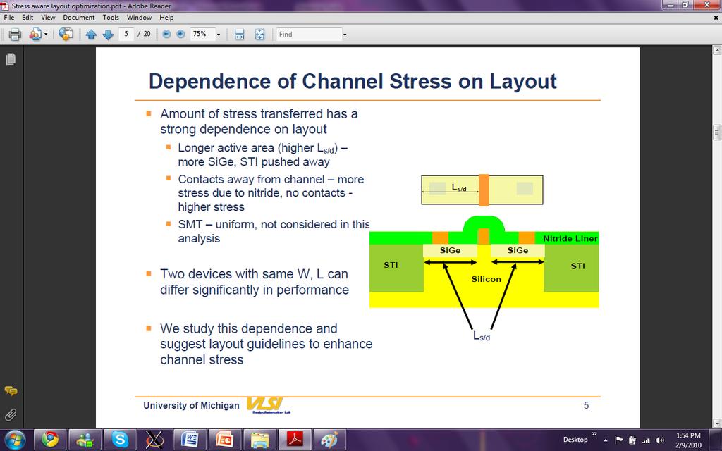 Dependence of channel stress on layout Amount of stress transferred to the channel has a strong dependence on layout: - Longer active space (higher SA), STI pushed away from the channel Two devices