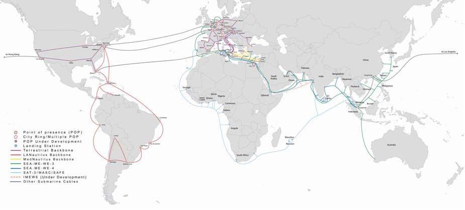 T.I. Sparkle: Global Network Worldwide coverage through bilateral network Integrated and resilient proprietary backbones in Europe (PEB), Mediterranean Basin, US and LatAm Unique dual protected fiber