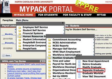 Separation To navigate to the Separation screen, follow the path below: Human Resources Systems > NextGen Graduate System > Separate Graduate Searching for Students Before searching of a student, you