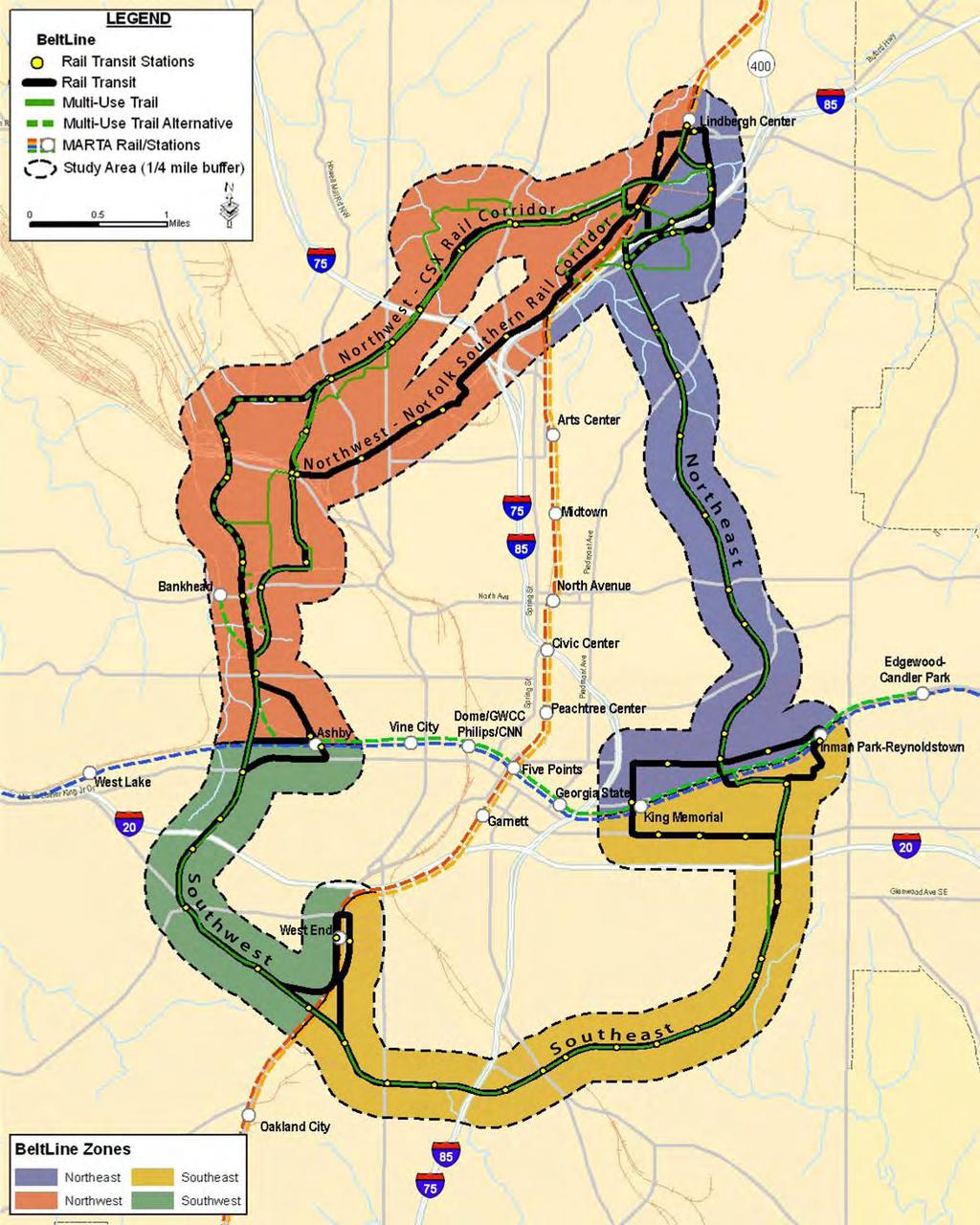 Figure 1-1: Atlanta BeltLine Study Area and Zones Source: AECOM/JJG