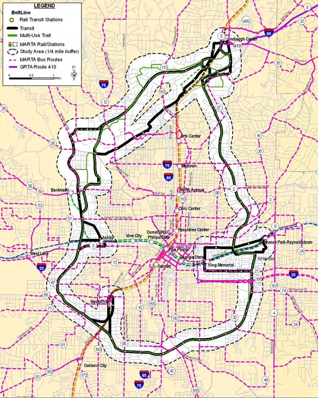 Figure 3-1: Existing Transit Service Source: MARTA, GRTA Note: The Atlanta BeltLine is not considered to be existing transit service, but for