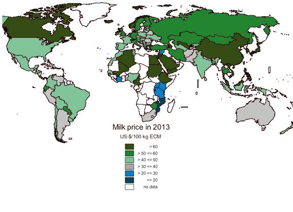 In most low-priced regions, milk volumes per farm are low and quality is not comparable to countries where a high percentage of total milk production is sold to the market.