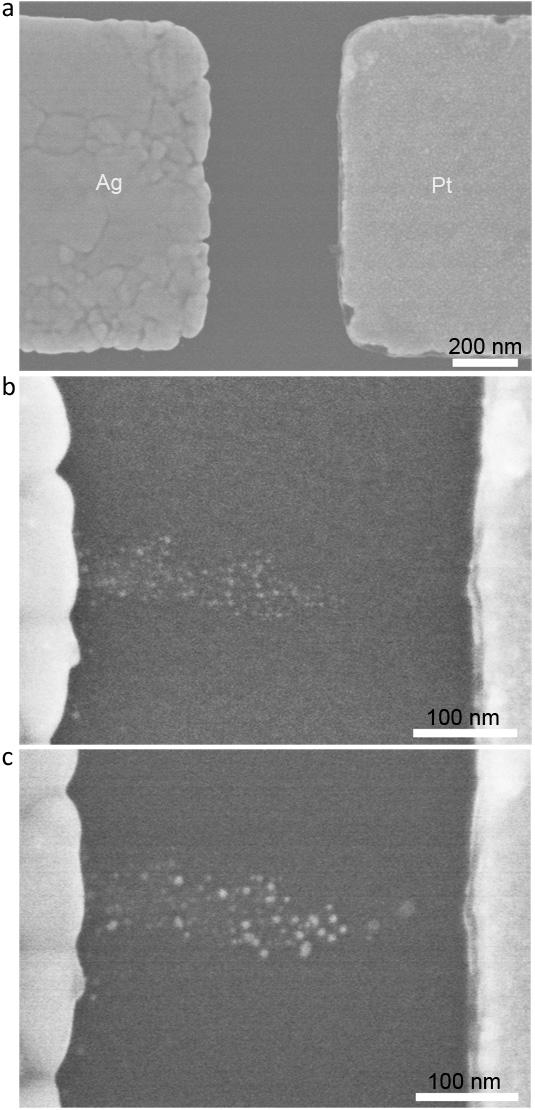 Supplementary Figure S5 Step-by-step filament growth. (a) SEM image of the as-fabricated planar resistive switch based on a-si. (b) Growth of an incomplete conducting filament after forming.