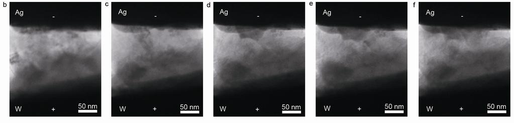 Supplementary Figure S8 In situ TEM observation of filament dissolution in vertical Ag/a-Si/W devices. (a) I t characteristics during the erase process of a vertical Ag/a-Si/W device.