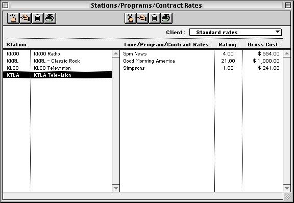 The Stations/Programs window q w e r t The Stations/Programs/Contract Rates window lets you add, edit, delete, and print both stations and programs/ times.