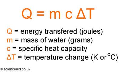 C is specific heat capacity M is mass of the compound ΔT is the change in temperature The specific heat of water is 4.186 joules per gram per kelvin.