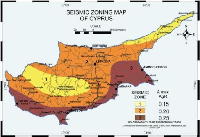 2. SEISMIC DESIGN CODES AND CYPRUS The figure below is the Eurocode 8 Cyprus National Annex provided seismic zoning map of Cyprus.