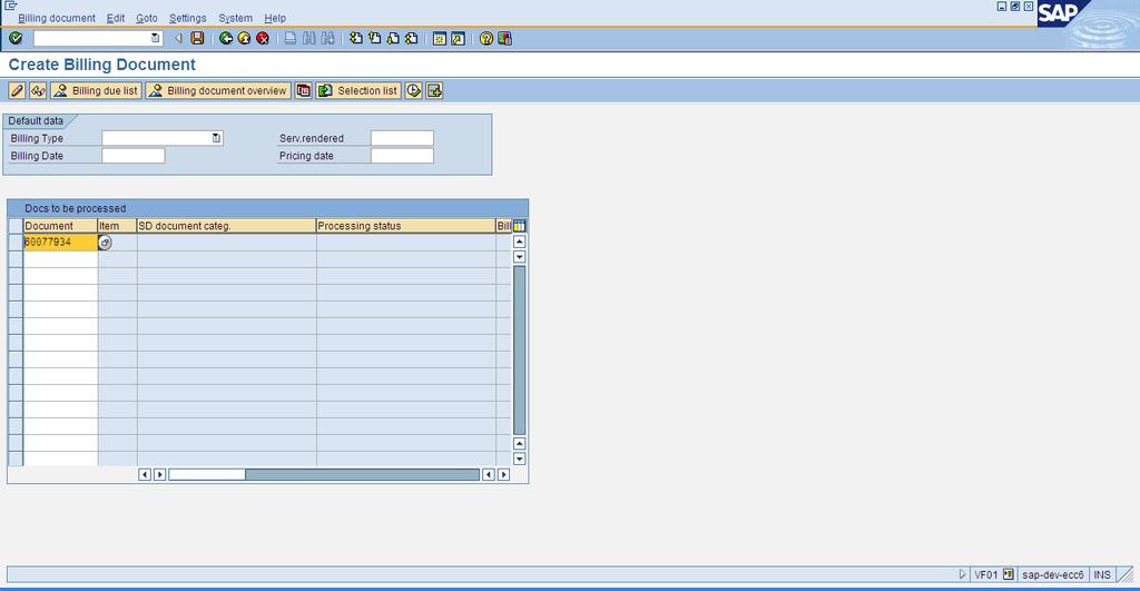 BILLING DOCUMENT CREATION INITIAL SCREEN Enter the Delivery
