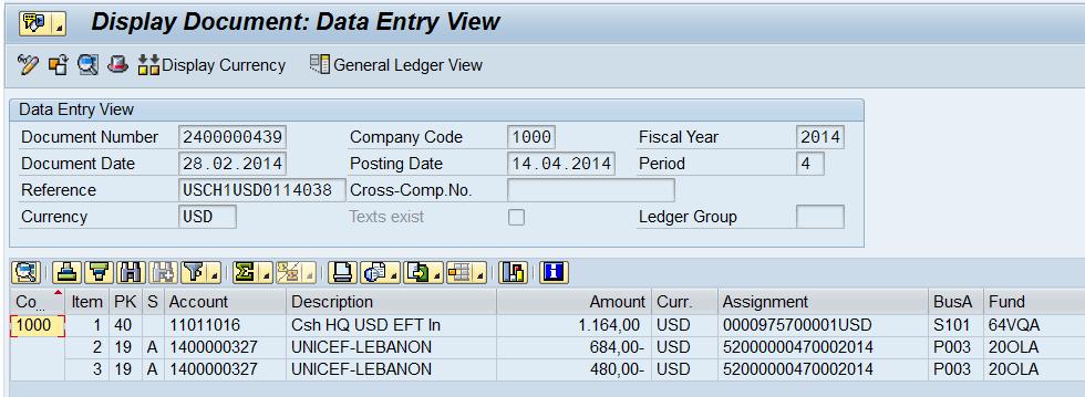 Below is the accounting entry after processing the entry in FEBAN in both the Data Entry and General