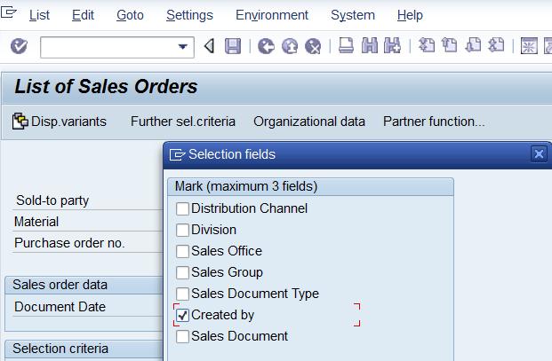 To limit the selection criteria to the sales orders issued by your office, click on the box Further Sel.
