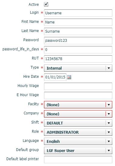 Description of Fields for Users Figure 1-7: Creating New Users RUT: Unique identifier (alphanumeric). New User Type: Field used to distinguish between internal and external users.