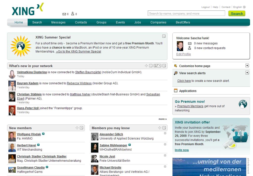 Xing Dashboard First Contact When logging in to Xing, the first screen that appears is the one on the right side. From here you can coordinate every action on Xing.