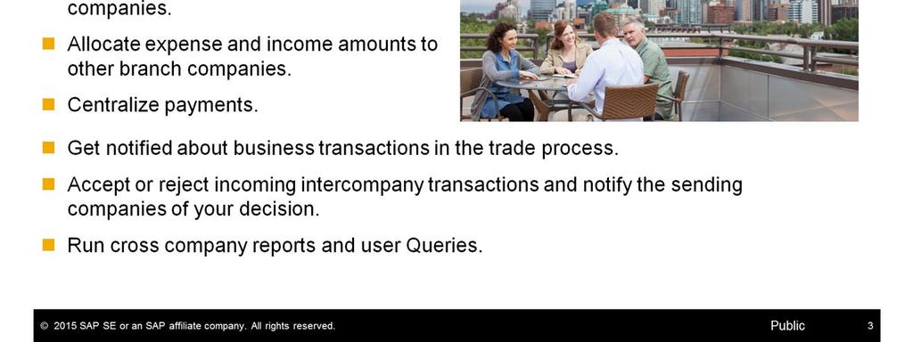 Allocate expense and income amounts to other branch companies. Centralize payments. Get notified about business transactions in the trade process.