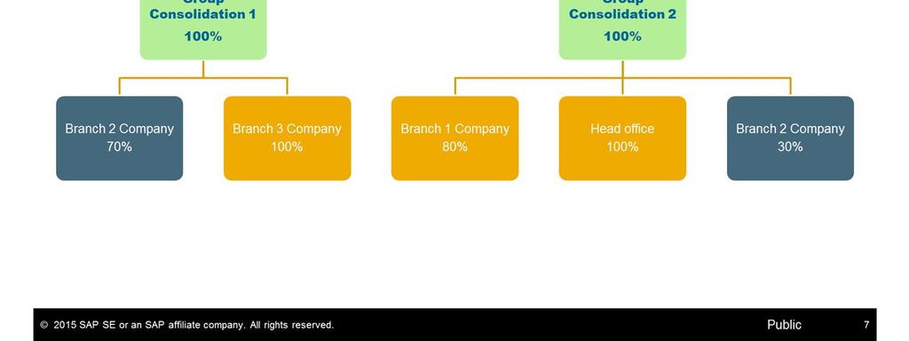 It is possible to link a branch company to multiple consolidation companies. In the graphic we see that Branch 2 (shown in blue) is associated with two consolidation companies.