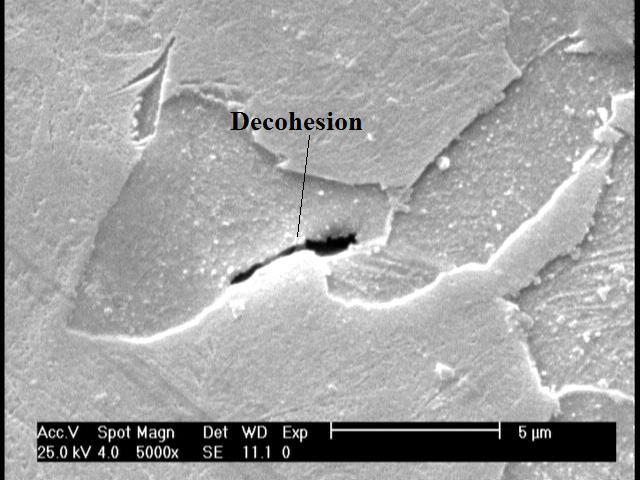 In the samples with low VM, the dominant micro mechanism of fracture is ferrite/martensite phases decohesion; but in the sample with high VM, other than previous mechanism, martensite phase fracture