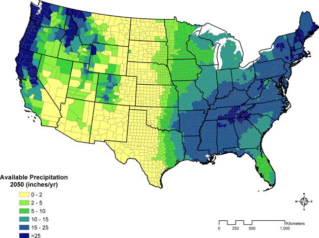 Figure 11. Projected available precipitation in 2050 aggregated to the county level, based on the 50 th percentile of projected precipitation by climate models (ensemble of 16 GCMs).