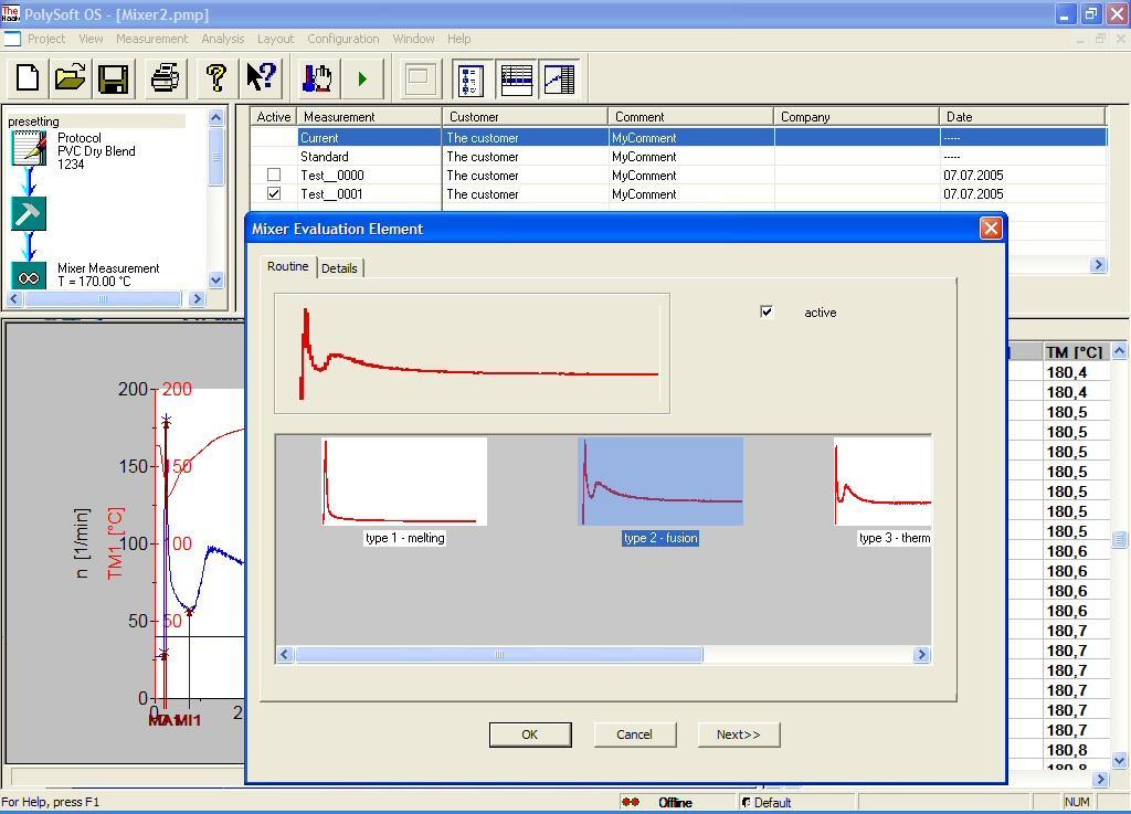 PolyLab OS PolySoft Mixer Evaluation Element : - Selection of evaluation routine for the