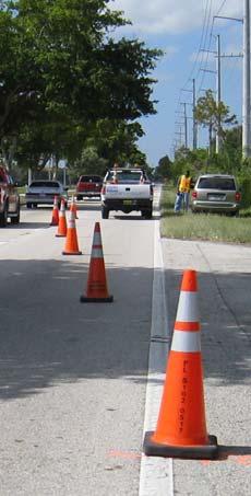 A 0 ft taper treatment, using the same number of cones placed at 0 ft, was also included, since lane stripes are generally placed at 0 ft intervals on the pavement, this merging taper would be