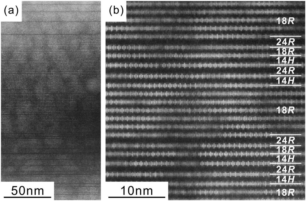 Figure 3. (a) Low-magnification and (b) atomic-resolution HAADF-STEM images of the Mg-Al-Sm OD phase in the as-solidified ingot. The incident beam direction is [1100].