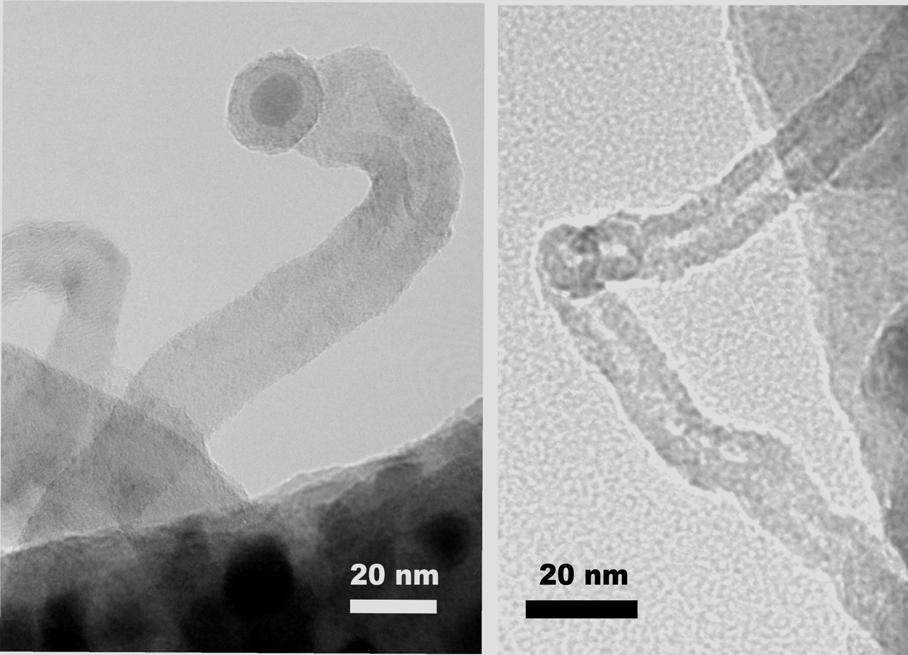 A B Figure 5. TEM micrograph of the Fe-SiO2 film prepared according to formulation 3. Figure 5 shows that the CNT produced using formulation 3 are multi-walled, with diameters ranging from 10 to 20nm.