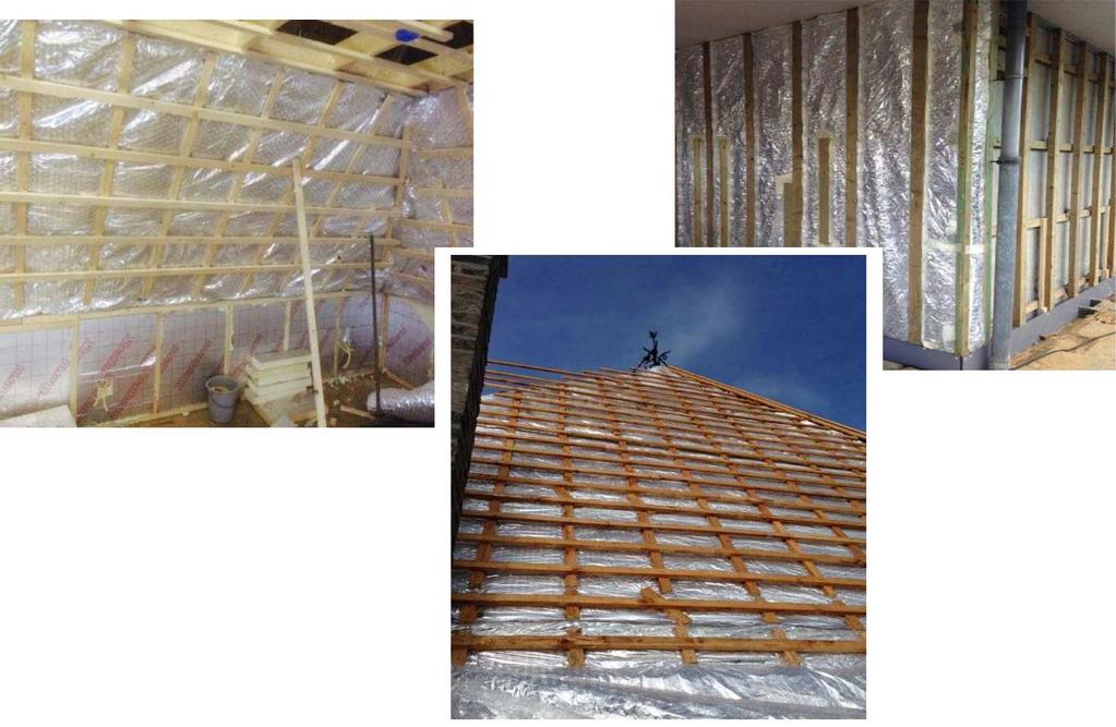ISOFOLIE applied on the inside of walls and roof; Air bubble reflection foil is applied to avoid loss of heat and to