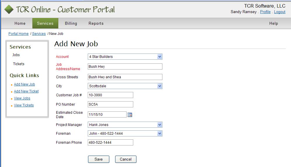 Services Add New Job When entering a new job you first need to select the Account, which is your company or division if you have more than one setup for TCR Online. All fields in red are required.