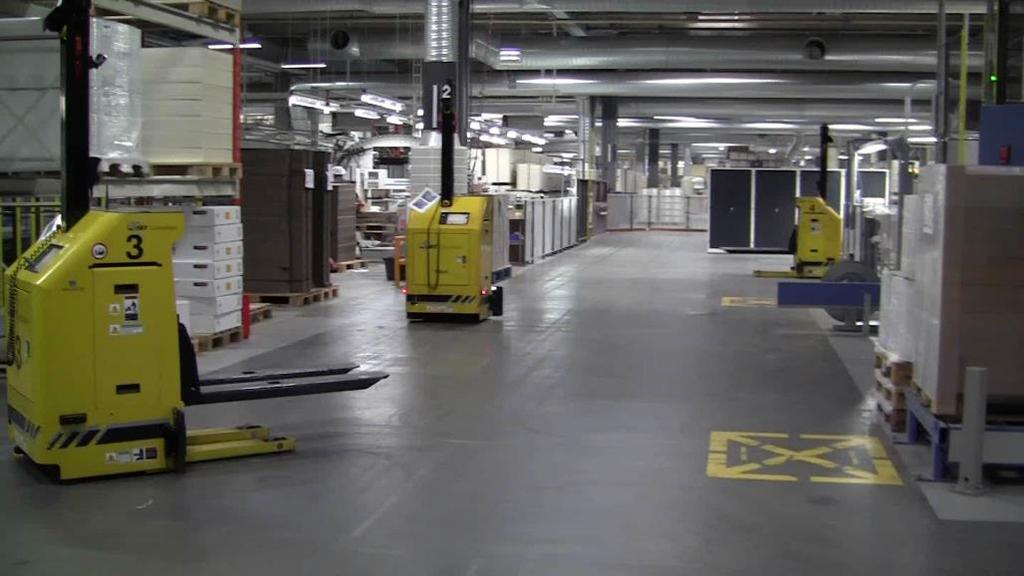 Transport/Storage Case Study Solution 4 compact laser guided forked AGVs Material movements by AGVs empty pallet stacks to pallet dispenser Single empty pallets to the palletizer Palletized loads to