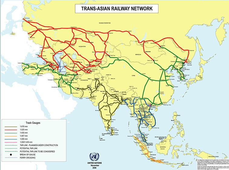 3) Other Infrastructure Development (1) Railway Network There is a regional railway network development framework, the Trans-Asian Railway (TAR) as shown in Figure 2.3.4, which aims to connect the whole Eurasia continent by railway.