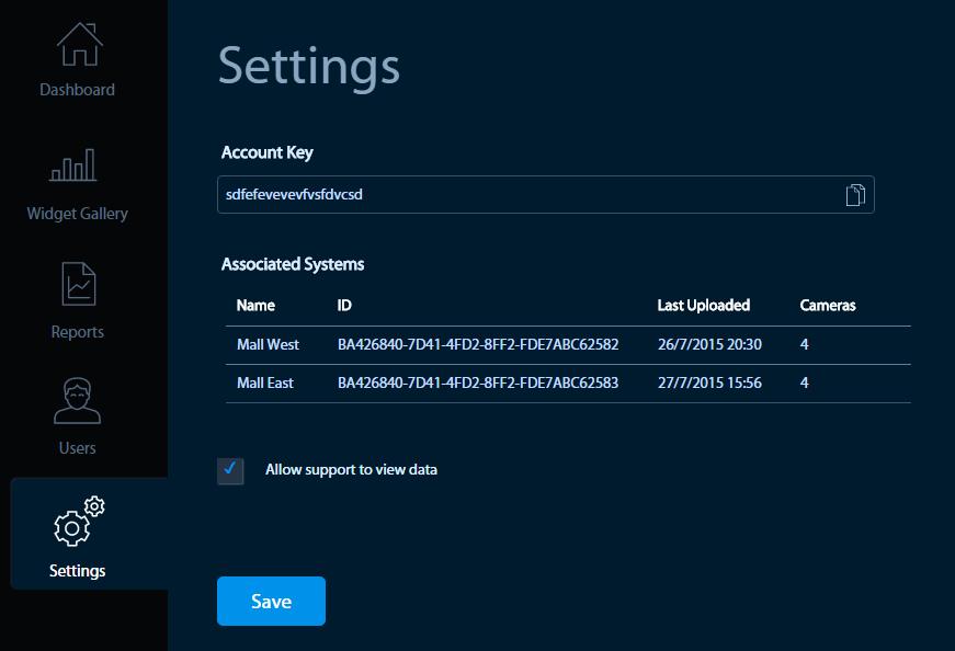 6.2 Account Settings User with Administrator role can view or change account details, as shown below: This view is allows the Administrator user: Copy the Account Key (relevant when