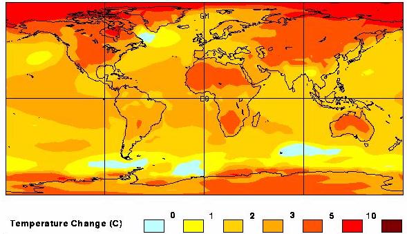 Projected Temperature Change between 1910 and 2040 AD Combined Effect of