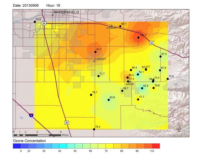 Ozone Concentrations In and Around Arvin, CA Results Peak 1-hr ozone concentrations showed a consistent hot spot pattern, with high concentrations Northwest of Arvin (Site 4), North of Di