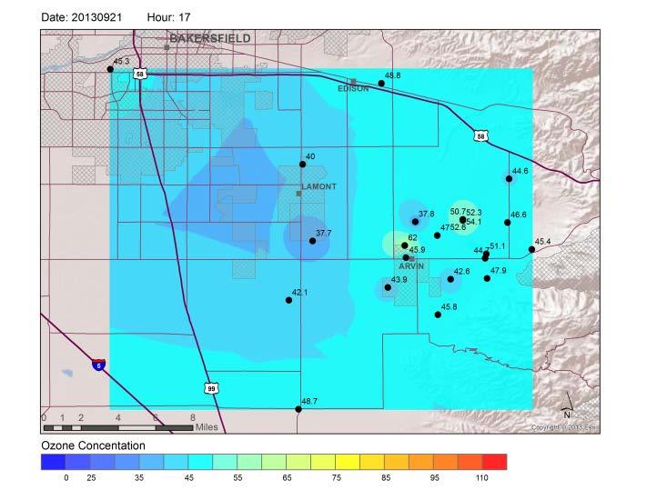 Furthermore, although the spatial gradient for the peak ozone hour may differ from day to day, a gradient with peak concentrations southeast of Arvin was consistently observed within a
