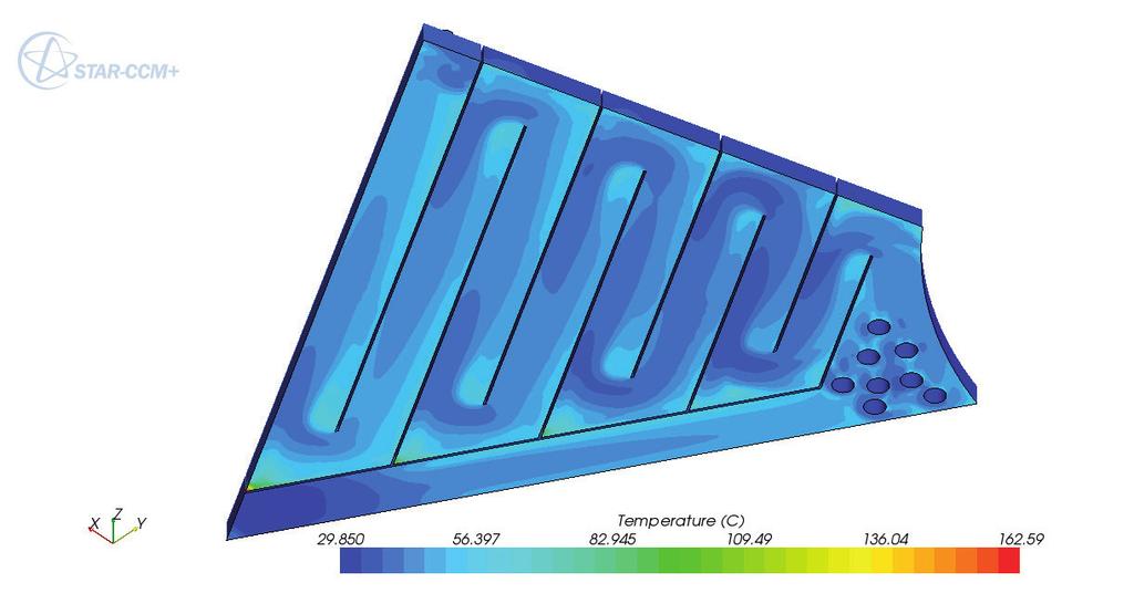 Engineering Aspects Furnaces Figure 6: Surface temperature contour distribution on the Type Two roof panel. Figure 7: Streamline velocity contour distribution in the Type Two roof panel passages.