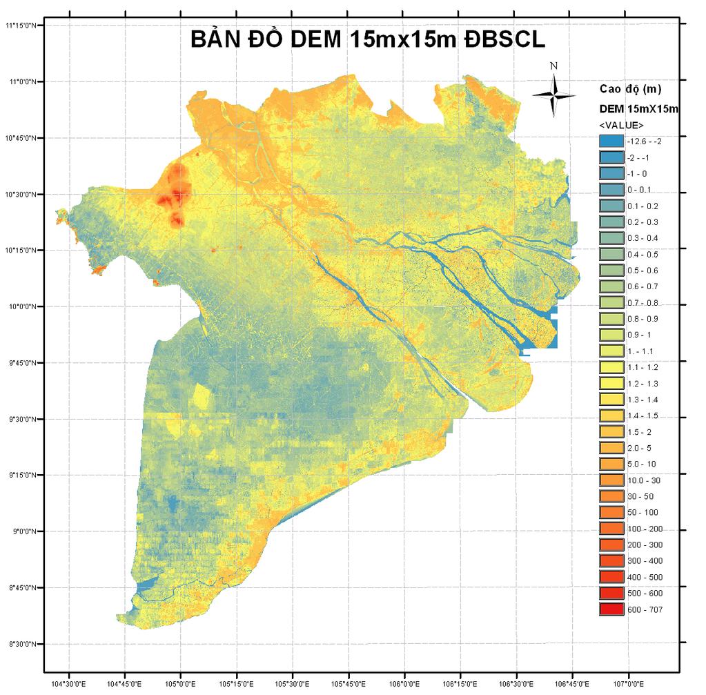 No. Figure 3-4: Mekong Delta DEM 15mx15m Table 3-32: Inundated area according to different scenarios Inundation depth (cm) Inundation area (km 2 ) Scenario 9 Scenario 10 Scenario 11 Scenario 12 1