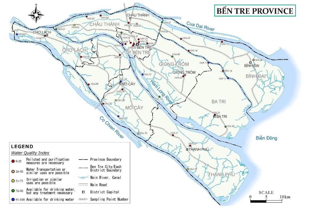 to the Environmental Monitoring Report prepared by DONRE ( dry season in 2014), there are 54 sampling points in the Ben Tre province and 54% (29/54) of the points have the worst level of water