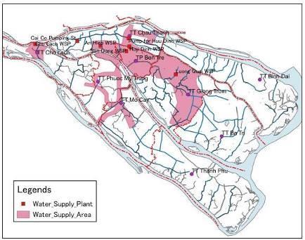 Figure 2-30: Location Map of Water Supply Plant and Water Supply Area in Ben Tre Source: JICA B-SWAMP Survey Team (2016) Dòng nước ngầm 350 500m Những năm gần Trước đây Dòng nước ngầm 40-60m