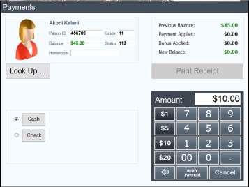 On the Payments screen: Verify that the student information