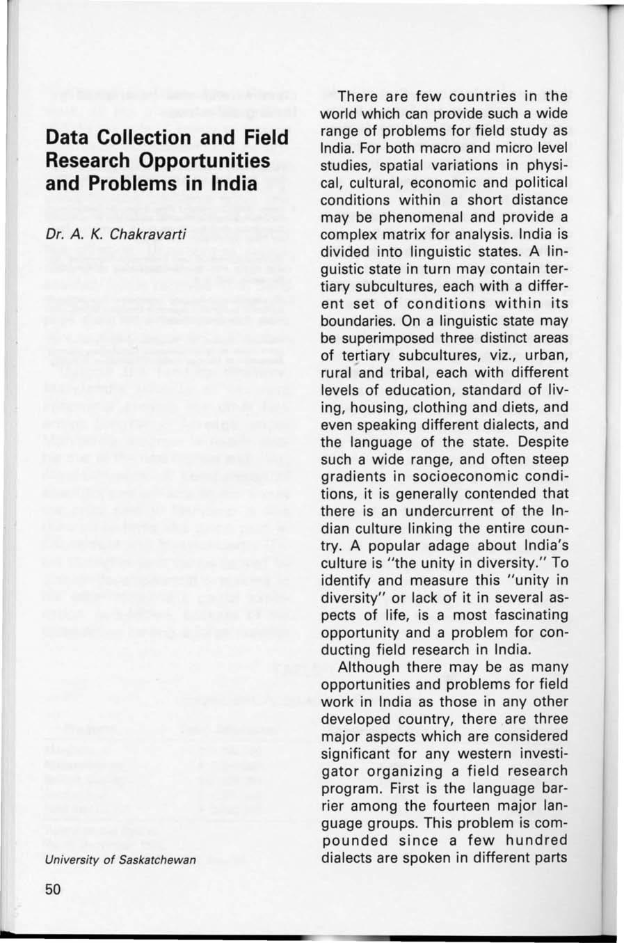 Data Collection and Field Research Opportunities and Problems in India Dr. A. K.