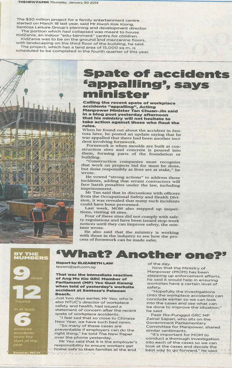 Worrying trend of increasing construction accidents since July 2013 35 30 25 20 15 10 5 0 1Q 2Q 3Q 4Q Total 2012 6 3 8 9 26