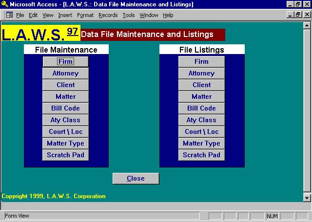 Data File Maintenance DATA FILE MAINTENANCE SUMMARY: L.A.W.S. requires basic information regarding the firm, its attorneys, clients and matters to operate.