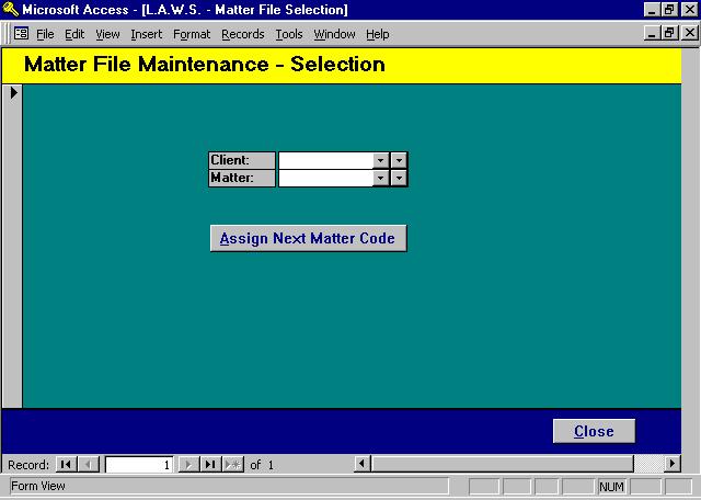MATTER FILE MAINTENANCE L.A.W.S. Documentation Manual Data File Maintenance -Matter File This option allows the entry or maintenance of MATTERS.