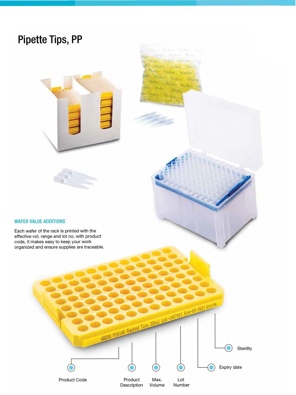 Pipette Tips, PP WAFER VALUE ADDITIONS Each wafer of the rack is printed with the effective vol. range and lot no.