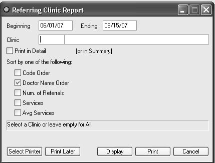 PRODUCTIVITY REPORTS REFERRING CLINICS REPORT This report details referral business and revenue generated by referring clinics.