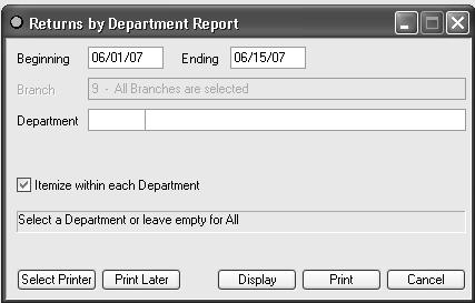 RETURNS BY DEPARTMENT REPORT PRODUCTIVITY REPORTS This report shows all product returns by Department Code within a specified date range.