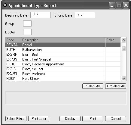 APPOINTMENT REPORTS APPOINTMENT TYPE REPORT This report lists the statistics of appointments per day by doctor from the first day of last month to the last day.