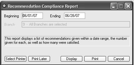 RECOMMENDATION COMPLIANCE REPORT COMPLIANCE REPORTS This report runs over a date range in history and finds the codes that were given in that period that satisfy a recommendation.