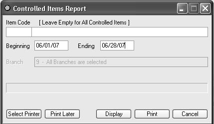 INVENTORY REPORTS CONTROLLED ITEMS REPORT This report prints a list of Controlled Drugs dispensed within a specific period.