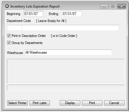 INVENTORY LOTS EXPIRATION REPORT INVENTORY REPORTS This report lists items set to expire based on date range searched.