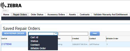 Searching for a Saved Repair Order After the order is confirmed, the Portal has the ability to save the order before submission. Users can use the search function to search for the saved order.
